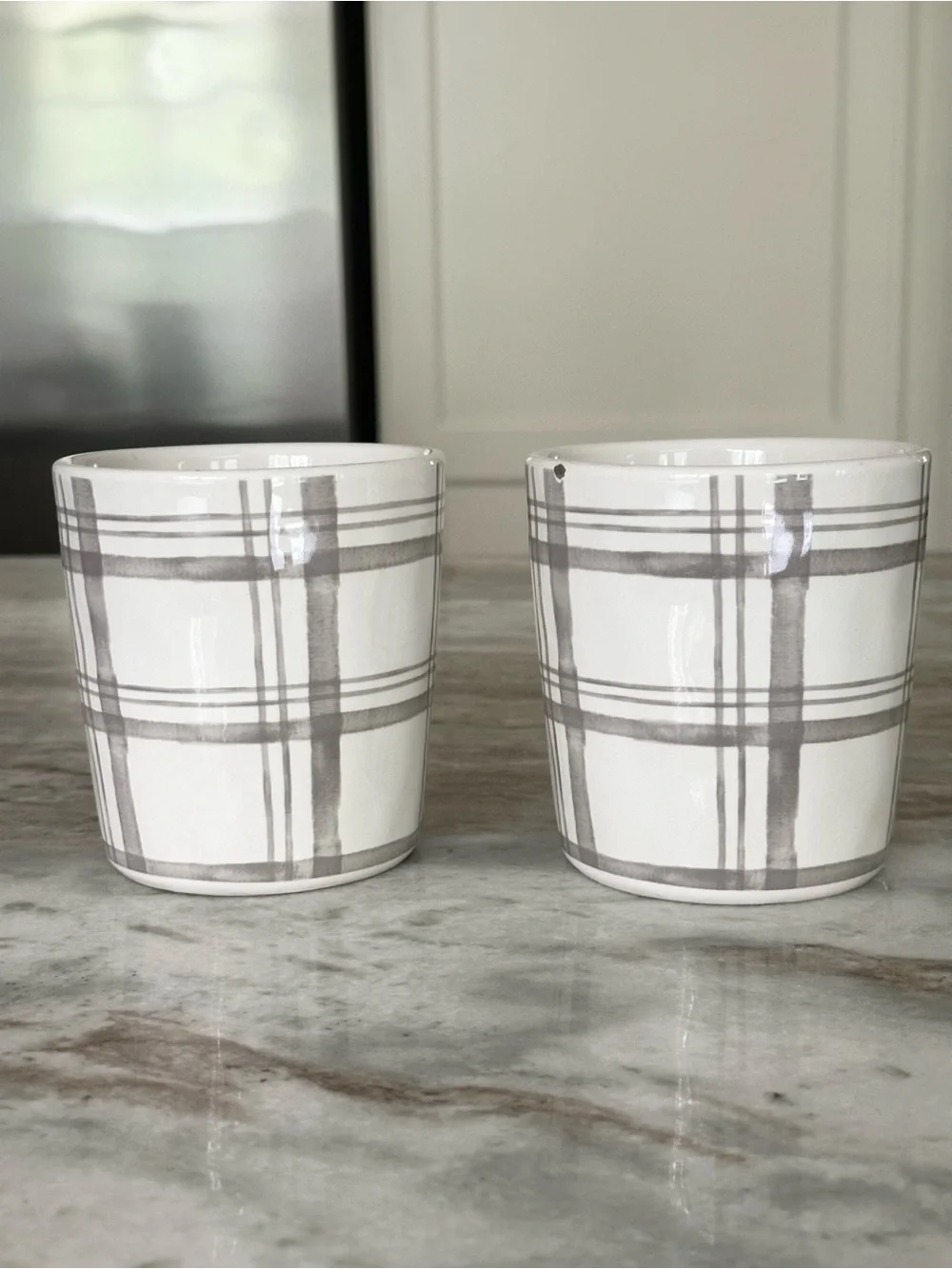 Set of 2 Fall Grey & White Plaid Pier 1 China Mugs
